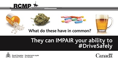 Photo of pills and alcohol that says what do these have in common? They can impair your ability to drive safely