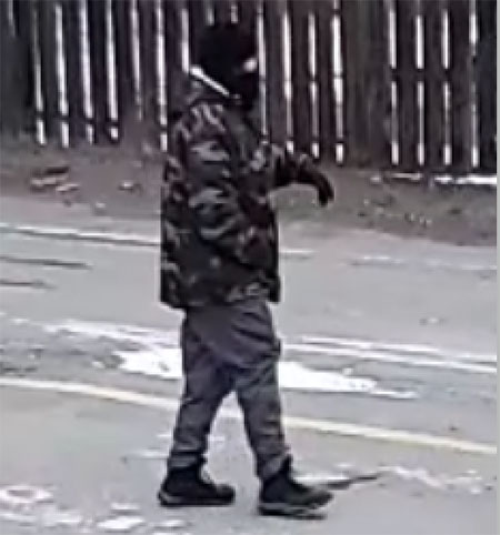 Male, stocky, shorter, wearing a camo jacket and black face mask.